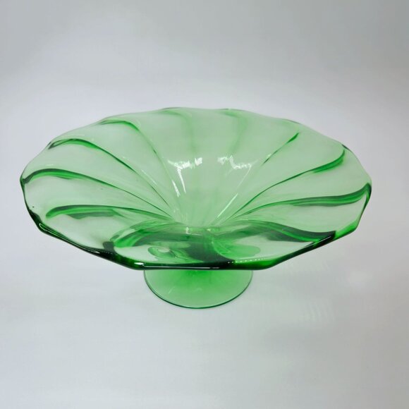 VTG Fostoria #2398 Cornucopia Bowl Green Uranium Depression Glass Pedestal w/ Sw - Picture 2 of 6